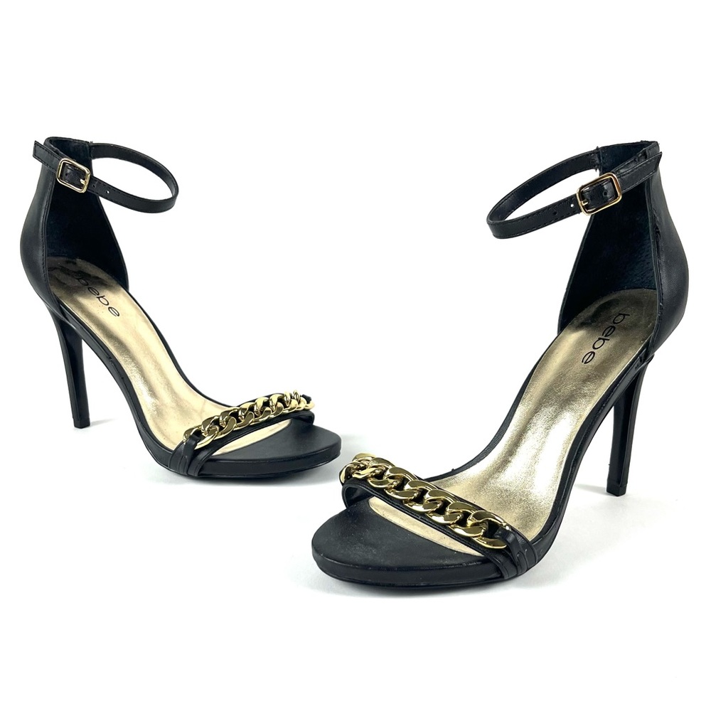 Bebe Black Leather Gold Chain Ankle Sandal Heels